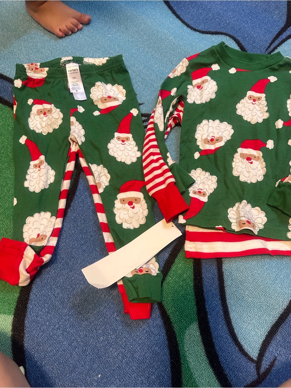Carter's Green Santa Face Holiday Pajama Set with Red Stripe Accents